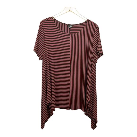 Lisa Bayne Knit Mixed Direction Stripes Swing Top XL Short Sleeve Lagenlook - Picture 1 of 4